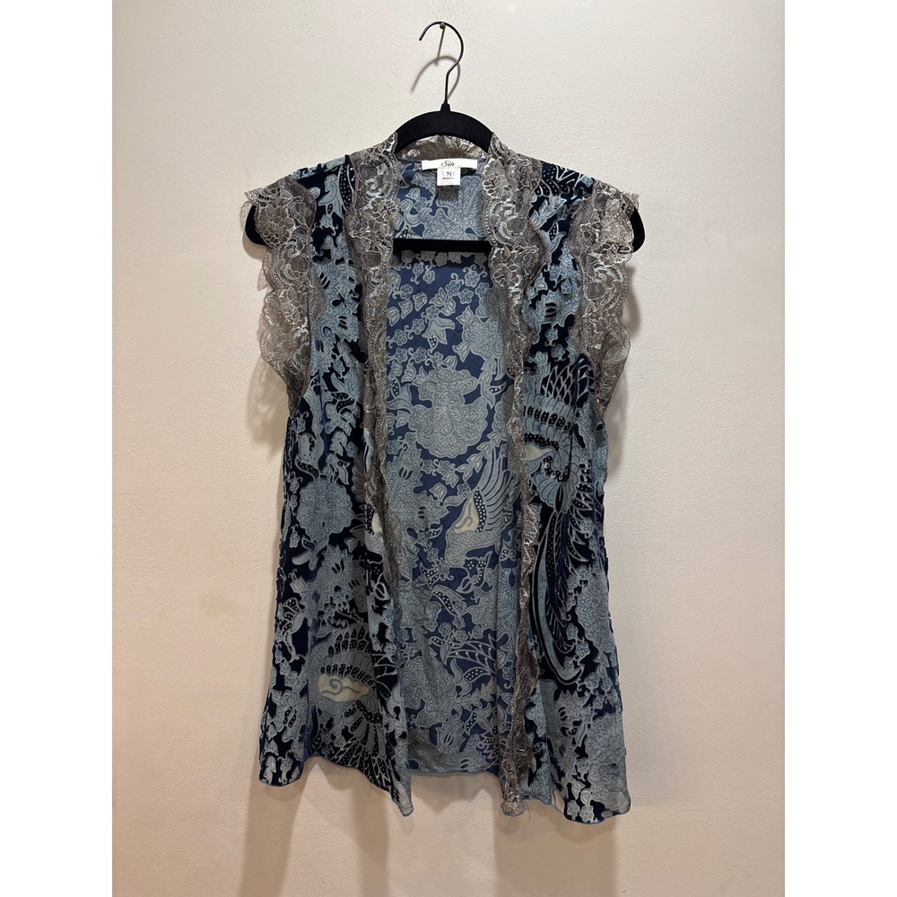 Sin Silk Blend Blue Burnout Velvet Floral Lace Trim Open Front Vest Kimono M